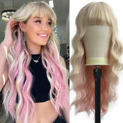 QYDEERY Blonde Mixed Pink Wig with Bangs for Women Synthetic Wigs Long Blonde Wavy Wigs Highlight Wigs for Daily Use 26 inch