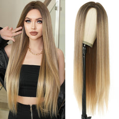 7JHH WIGS Long Blonde Ombre Wigs Natural Heat Resistant Fiber Synthetic Layered Straight Mixed Blonde Wigs with Dark Roots Women Wigs for Holiday Festival Chrismas Daily Party Daily Used