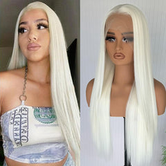 GJRainDY Platinum Blonde Hair Synthetic Lace Front Wigs 13x4 Glueless HD Lace Wigs Platinum White Natural Hairline Pre-Plucked Long Straight Wigs for Black Women