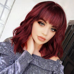 RemyAeki Short Wavy Red Wigs with Bangs for Women Curly Bob Wigs Shoulder Length Burgundy Wine Red Wigs for White Women Synthetic Heat Resistant Fiber Bangs Wigs Medium Length 14 Inch