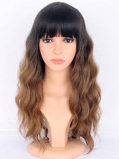 SYMEIW Ombre Brown Wavy Wigs with Bangs for Women Medium Long Brown Synthetic Wigs Natural Wavy Black To Brown Wigs Heat Resistant for Daily Party Use