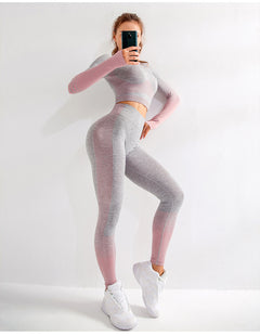 Women's Seamless Striped Yoga Set — High-Waist Leggings & Long-Sleeve Top