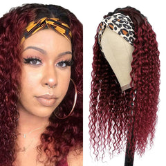 YiweYowe 24 Inch Wine Red Curly Wave Headband Wigs Human Hair 1B99J Ombre Burgundy Headband Wigs Two Tone Human Hair Wigs 150% Density Grade 8A Unprocessed Virgin Hair Red Color Wigs