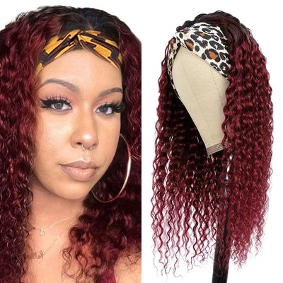 24 Inch Burgundy Ombre Curly Headband Wig | Human Hair 150% Density