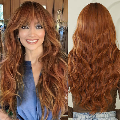 26 Inch Auburn Wavy Wig with Bangs | Heat Resistant Synthetic