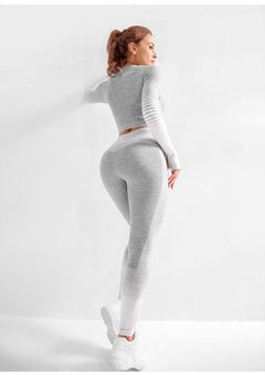 Women's Seamless Striped Yoga Set — High-Waist Leggings & Long-Sleeve Top