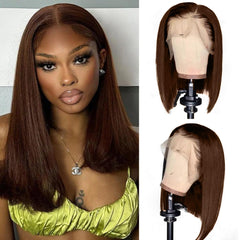 LICHANG 200% Density Chocolate Brown Bob Wigs Human Hair Front Wigs Human Hair 13x4 Straight Short Bob Wigs For Women Side Part Bob Wig Transparent Lace Wigs Baby Hair Natural Hairline 16 inch