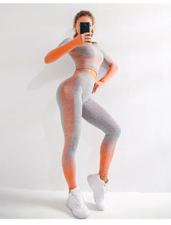 Women's Seamless Striped Yoga Set — High-Waist Leggings & Long-Sleeve Top
