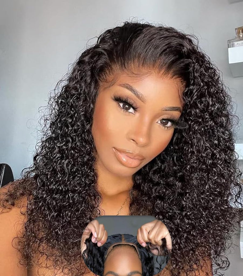 Glueless Wigs Human Hair Pre Plucked Pre Cut Deep Curly Wave 4x4 HD Lace Front Wigs Wear and Go Deep Wave Lace Front Wigs for Women Wet and Wavy Lace Closure Wigs Natural Color18 Inch