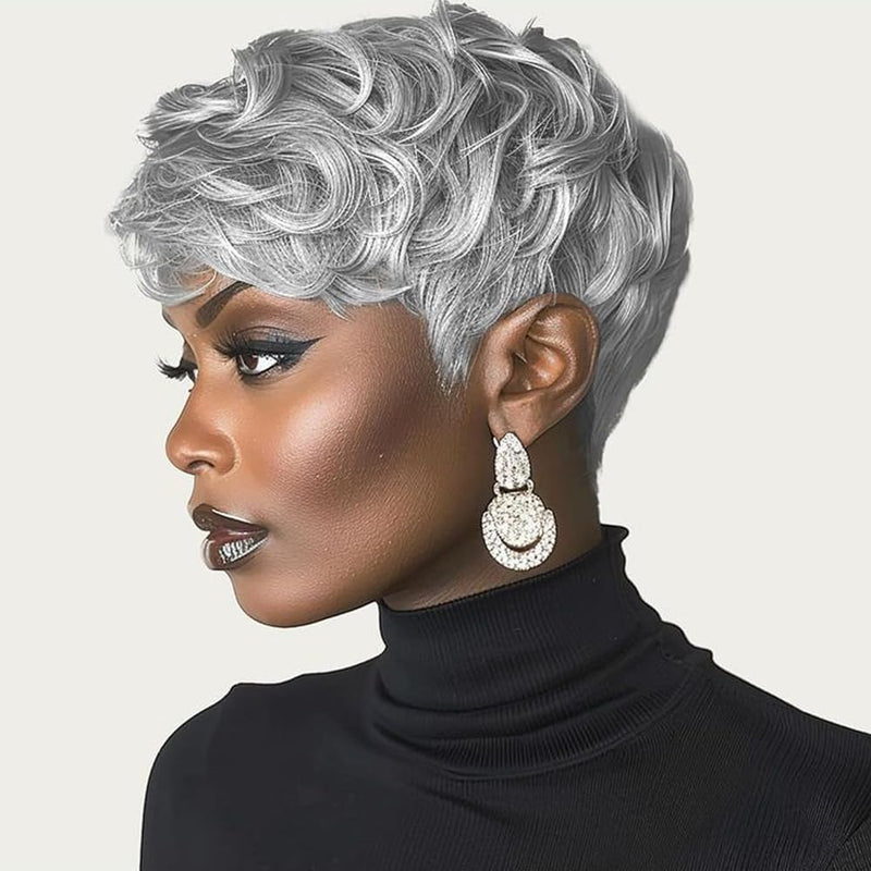 MUJGOO Pixie Grey Wigs for Black Women Short Wigs for Black Women Short Curly Wigs Pixie Cut Wigs with Bangs for Black Women Pixie Short Grey Wig for Black Women(Grey Mixd Black)
