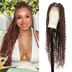 Olymei 360° HD Full Lace Boho Twist Braided Wigs for Women Knotless Braided Wigs with Baby Hair Human Hair Blended Braided Lace Front Wigs 36" Brown