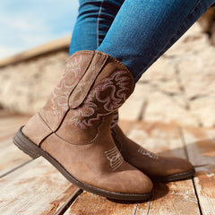 Embroidered Round Head Short Fashion Boots