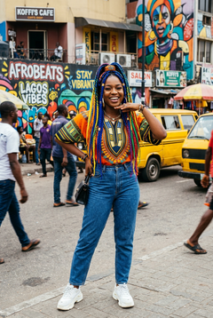 Woman wearing vibrant colorful African braid wig in bold colors