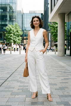 Woman wearing a white tailored vest and wide-leg pants two-piece set