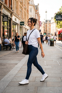 Woman wearing dark denim leggings with white top and sneakers on a city street