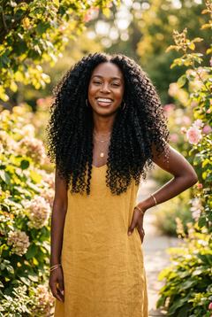 Woman with voluminous long curly black human hair extensions