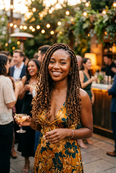 Woman wearing long boho twist braided wig with curly ends in brown